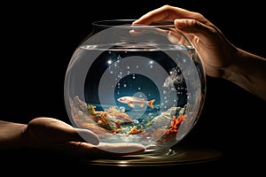 A round aquarium in hands on a black background in which the underwater world is displayed and a fish swims