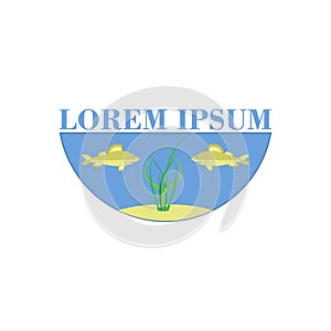 Round aquarium logo with fishes. Clipart and drawing. Isolated vector illustration on white background.