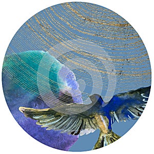 Round art composition with watercolor bird and golden elements