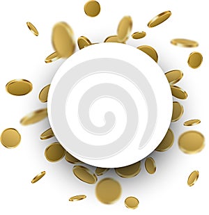 Round background with falling gold coins.