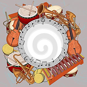 Round background with notes and musical instruments on grey.