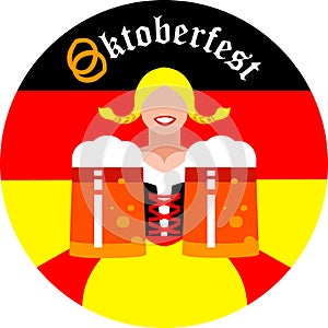 Round background with Oktoberfest girl with mugs of beer