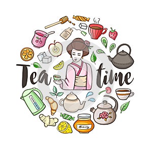 Round background with tea and sweets