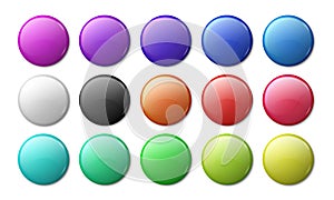 Round badge mockup. Circle magnet 3D badge, simple glossy plastic or metal labels. Vector realistic multicolor magnet
