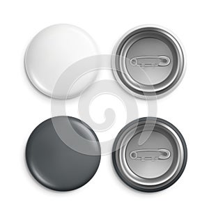 Round badges. White plastic badge mockup, isolated buttons witn pins. Realistic round magnet with metallic blank back