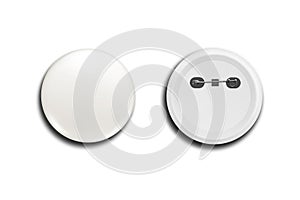 Round badges. White plastic badge mockup, isolated buttons witn pins. Realistic round magnet with metallic blank back side.