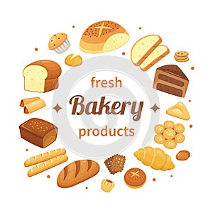 Round bakery products label. Fresh baked bread, pumpernickel breakfast rolls and baking loaf. Breads labels vector