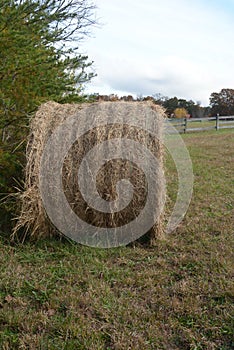 A round bale of hay sits ready to put in the barn on a sunny fall day