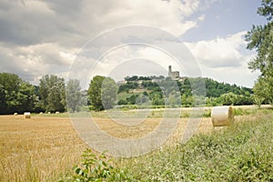 Round bale of hay in Tuscany countryside near the medieval town of Poppi