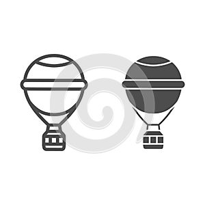 Round balloon with basket line and solid icon, Balloons festival concept, Air transport for travel sign on white