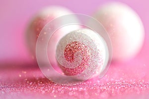 round balls and pink glitter.Abstract background in pink lilac and white colors with round balls.Shiny Festive