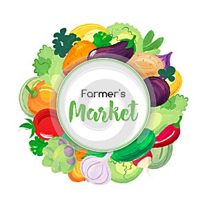 Round banner for farmers markets and menu with vegetables. photo