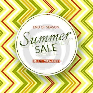Round banner Summer sale end of season 90% discount on a vintage geometric background retro theme Summer colors Design template