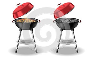 Round barbecue, BBQ charcoal grill empty and with burning flame, fire and hot coals