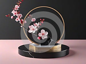 Round base on green marble, gold frame, minimal 3D mockup platform for product