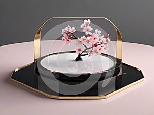 Round base on green marble, gold frame, minimal 3D mockup platform for product