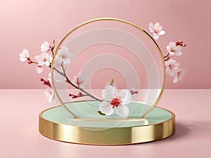 Round base on green marble, gold frame, minimal 3D mockup platform for product