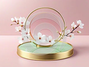 Round base on green marble, gold frame, minimal 3D mockup platform for product