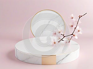 Round base on green marble, gold frame, minimal 3D mockup platform for product