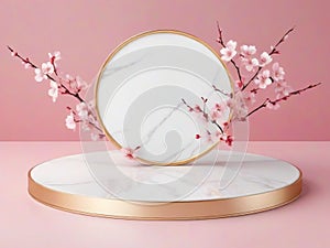 Round base on green marble, gold frame, minimal 3D mockup platform for product