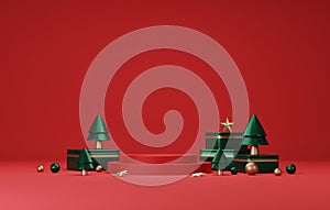 Round base podium, ball gold and green circle gift box with tree for christmas and new year abstract red background