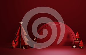 Round base podium, ball gold and red circle gift box with tree for christmas and new year abstract background