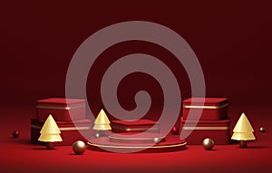 Round base podium, ball gold and red circle gift box with tree for christmas and new year abstract background