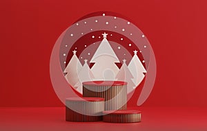 Round base podium, ball gold and red circle with tree for christmas and new year abstract background