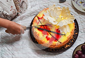 Round, beautiful biscuit cake. The baby cuts off a piece of holiday cake
