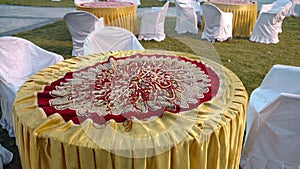 Round beautiful table decorated for marriage