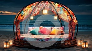 A round bed on beach with lights, romantic exotic landscapes