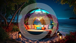 A round bed on beach with lights, romantic exotic landscapes