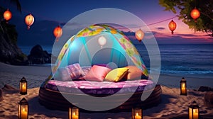 A round bed on beach with lights, romantic exotic landscapes at sunset