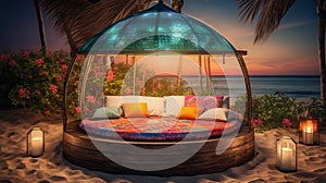 A round bed on beach with lights, romantic exotic landscapes at sunset