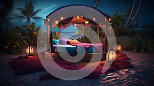 A round bed on beach with lights, romantic exotic landscapes at sunset