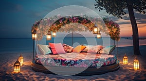 A round bed on beach with lights, romantic exotic landscapes at sunset