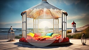 A round bed on beach with lights, romantic exotic landscapes at sunset