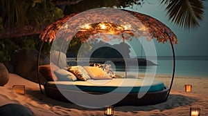 A round bed on beach with lights, romantic exotic landscapes at sunset