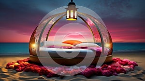 A round bed on beach with lights, romantic exotic landscapes at sunset