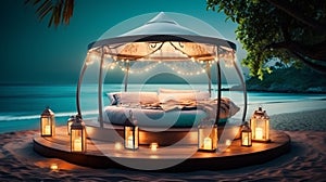 A round bed on beach with lights, romantic exotic landscapes at sunset