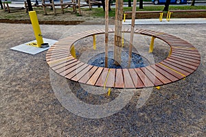 round bench made of wood encloses a tree, sitting around with