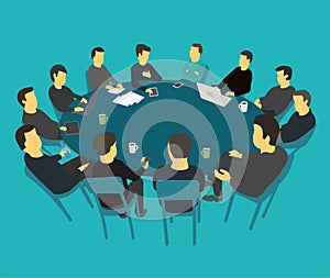 Round big table talks brainstorm. Team business people meeting conference many people. Blue background stock