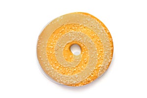 Round biscuits with a hole on a white background.