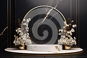 A round black podium with a gold rim displays colorful flowers on a gray background, Luxury style
