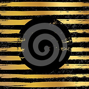 Round black stamp vector illustration. Glittering metallic striped golden and black background with black circle