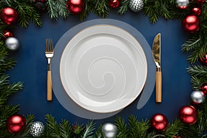Round blank plate mockup with festive decor, top view