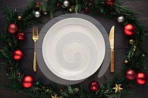 Round blank plate mockup with festive decor, top view