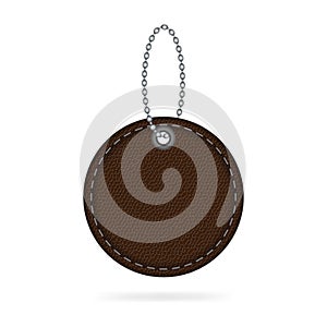 Round blank sale tag label from brown leather with chain, 3d vector illustration