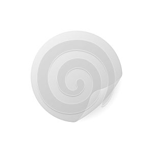 Round blank white paper sticker with peeled off corner, vector mock-up