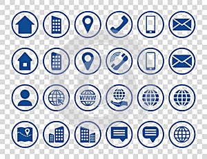 Round Blue Contact Info Icon Set for Location Pin, Phone, Web and Cellphone, Person and Email Icons